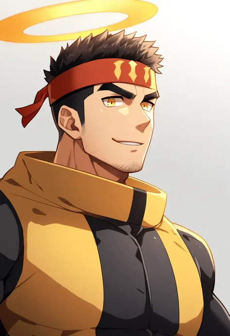 anime characters：Gyee, 1 young muscular man, male focus, Flame tattoo, sports Red headband, Dark yellow high collar long sleeve tights, Very tight, muscular male, muscular, Round, firm and full chest muscles, only, Upper body, alone, Black short hair, Thic...