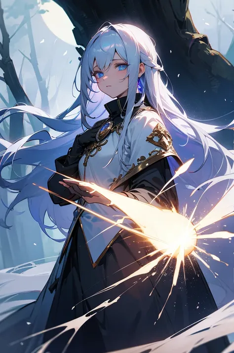 masterpiece ,best quality, Aasimar, twilight cleric, silver hair, blue eyes, glowing eyes, moonlit forest, female
