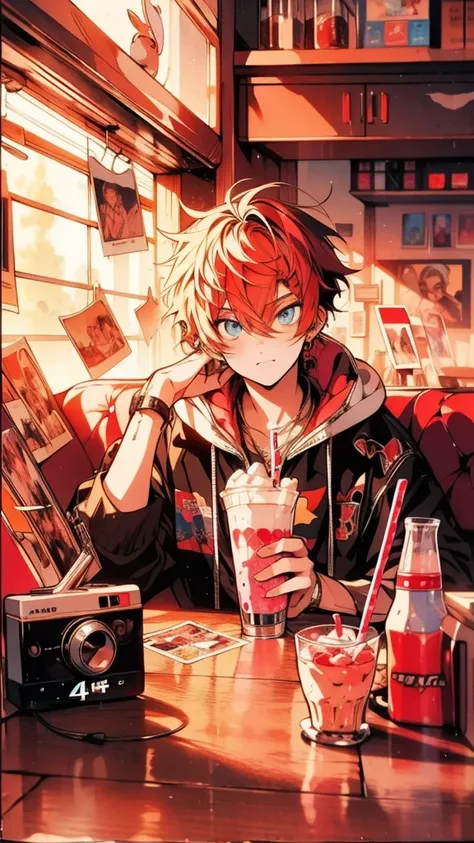 (best quality, 4k, 8k, highres, masterpiece:1.2), ultra-detailed, (anime: 1.2), anime style, cool and edgy, A boy teenager in a retro diner, sipping a milkshake, with a 2014 Tumblr vibe, surrounded by accessories like polaroid photos and vintage signs. The...