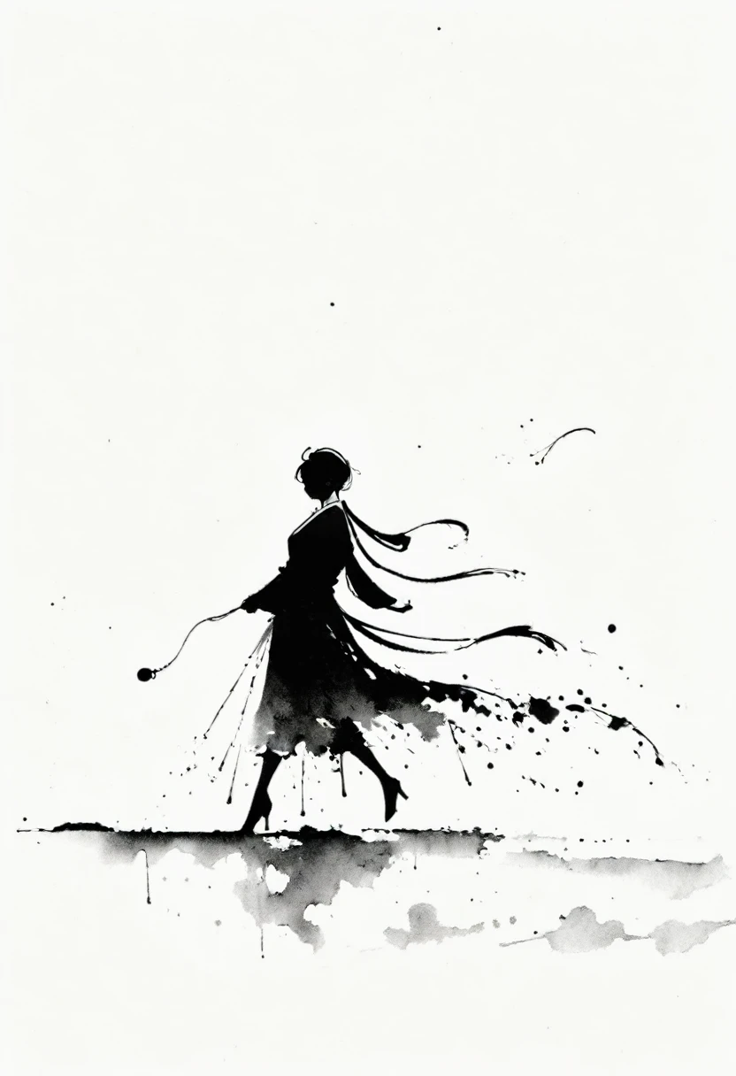 中国Ink Painting, Gray and White, Minimum,White background,The Trail, Minimalism, Huge negative space, Ink Painting, Abstract，A person dancing in the rain