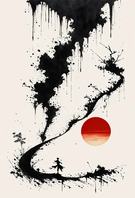 中国Ink Painting, Gray and White, Minimum,White background,The Trail, Minimalism,  Huge negative space, Ink Painting, Abstract，Blood-stained sunset，A person dancing in the rain