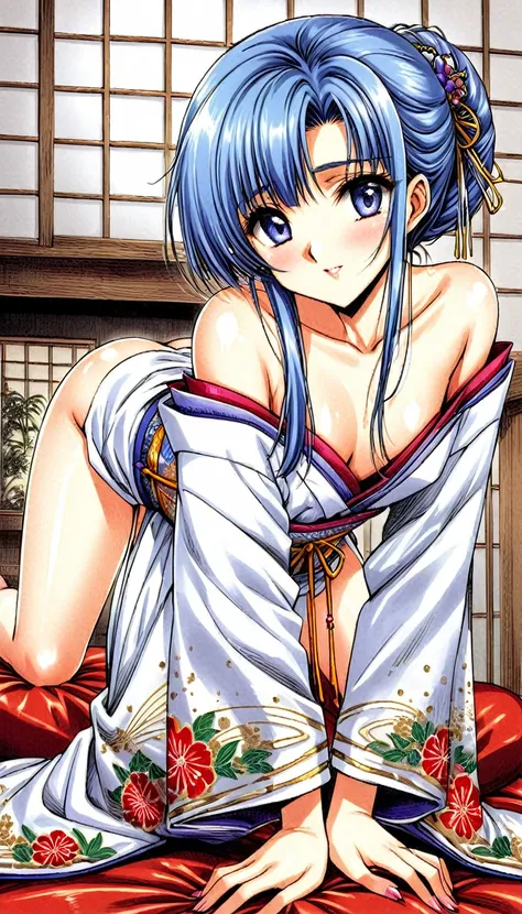 Beautiful 15 year old Japanese girl with short blue hair　Gorgeous embroidery, Ultra glossy, She is wearing a shiny silver kimono.....　She gets on all fours and the old man presses his penis against her pussy for some hardcore sex