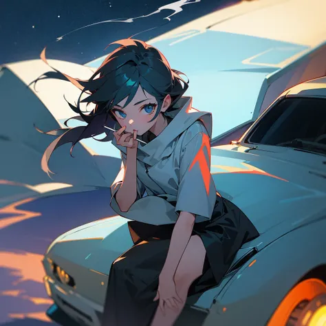 1 girl, Sit on the hood of the car, smoking, night time 