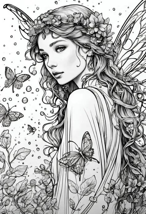 a fairy with delicate wings collecting dew drops from leaves. clean line art, white background, colouring page, clean outline, s...