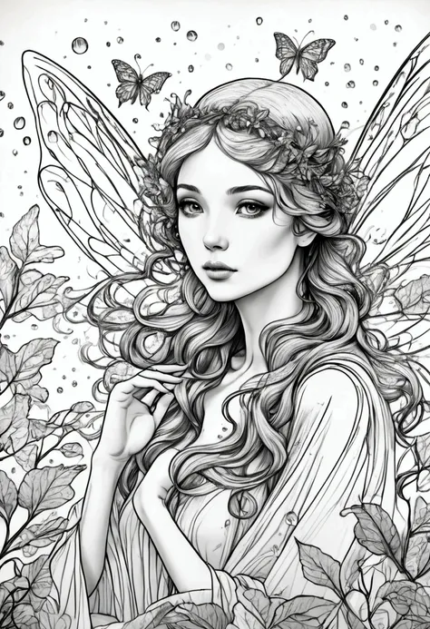 a fairy with delicate wings collecting dew drops from leaves. clean line art, white background, colouring page, clean outline, s...