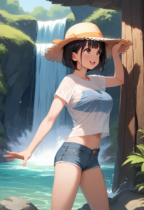 score_9,score_8_up,score_7_up,masterpiece,best quality, source anime, realistic, super detailed, extreme detailed, rating_safe,
1girl, standing, holding straw hat, spread arms, legs in the water, looking up,
BREAK girl, 22yo, short hair, bob cut, (blunt ba...