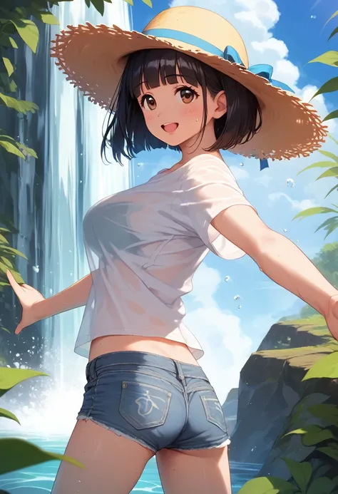 score_9,score_8_up,score_7_up,masterpiece,best quality, source anime, realistic, super detailed, extreme detailed, rating_safe,
1girl, standing, holding straw hat, spread arms, legs in the water, looking up,
BREAK girl, 22yo, short hair, bob cut, (blunt ba...