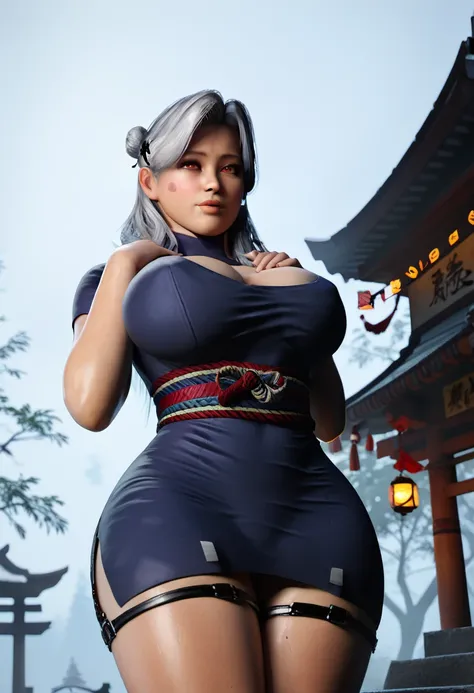 Good quality, best quality, masterpiece, 8k character, sexy female character, a female ninja, white hair, long hair, tied in bun, hair clip, lusty expression, red eyes, American face, detailed face, short nose, American girl, USA woman, sweating, a tight d...