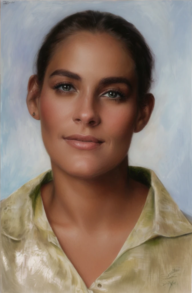 sharp portrait of a woman in a green shirt and a white cross on her chest, detailed retrato fullcolor, realistic restored face, a fullcolor photo, fullcolor photo, retrato fullcolor, fullcolor, restored color, fullcolor photograph, fullcolor background, 30...