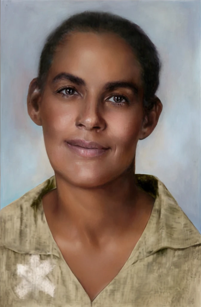 sharp portrait of a woman in a green shirt and a white cross on her chest, detailed retrato fullcolor, realistic restored face, a fullcolor photo, fullcolor photo, retrato fullcolor, fullcolor, restored color, fullcolor photograph, fullcolor background, 30...