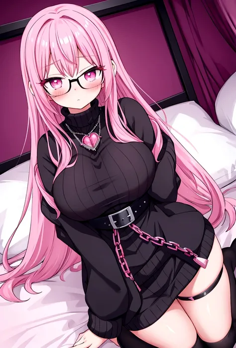 pink hair black glasses pink eyes extremely blushing a large pink sweater short black skirt at the waist chains black stockings that she is a reserved girl her bed that she is on her knees touching her butt