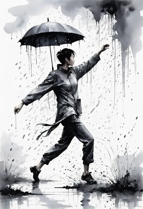 中国Ink Painting, Gray and White, Minimum,White background,The Trail, Minimalism,  Huge negative space, Ink Painting, Abstract，heavy rain，A person dancing in the rain