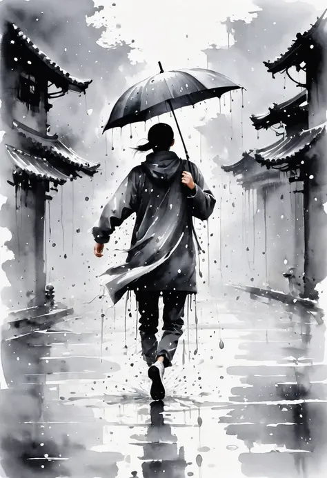 中国Ink Painting, Gray and White, Minimum,White background,The Trail, Minimalism,  Huge negative space, Ink Painting, Abstract，heavy rain，A person dancing in the rain