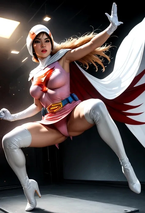 A girl in Gatchaman costume, long boots, long gloves, kicking enemies, detailed face, H3JTS,  best quality, 4k, 8k, highres, masterpiece:1.2, ultra-detailed, realistic, photorealistic, photo-realistic:1.37, HDR, UHD, studio lighting, ultra-fine painting, s...