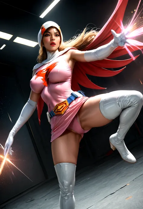 A girl in Gatchaman costume, long boots, long gloves, kicking enemies, detailed face, H3JTS,  best quality, 4k, 8k, highres, masterpiece:1.2, ultra-detailed, realistic, photorealistic, photo-realistic:1.37, HDR, UHD, studio lighting, ultra-fine painting, s...