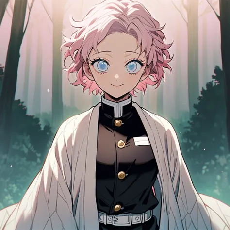 1. The fate of Kimetsu no Yaiba, light pink hair with light blue tips, light blue eyes, demon hunter uniform with a chest neckline,haori rosa, ssmile, tilted face, gazing at viewer, background forest 