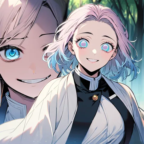 1. The fate of Kimetsu no Yaiba, light pink hair with light blue tips, light blue eyes, demon hunter uniform with a chest neckline,haori rosa, ssmile, tilted face, gazing at viewer, background forest 