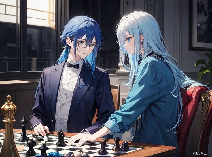 Two men（Androgynous male with long blue hair　Man with glasses） From the side, sitting across chessboard, (Facing each other),  ,(Masterpiece Top quality) 29-year-old