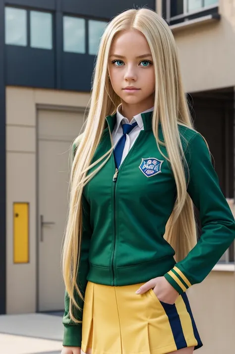 Make me an oc from my hero academia of a girl with long blonde hair, clear skin, parts, and green eyes, with the UA uniform and in the background a UA class in the style of the series my hero academia