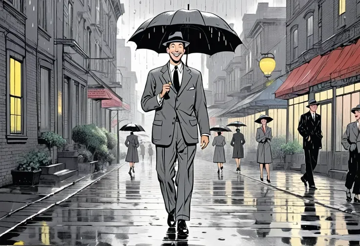 ((a big smile_black umbrella＿grey hat_grey suit＿a man tap dancing in the rain on a rainy night))、1952 american musical film_sauc...