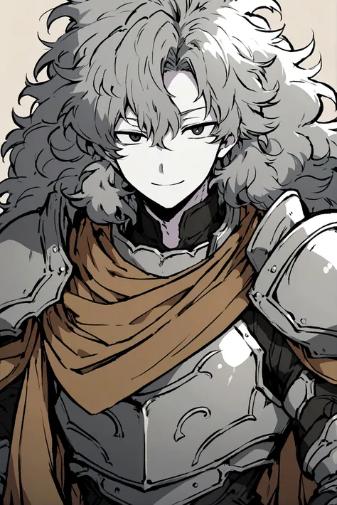 Anime drawing style of an effeminate boy with black semi-long fluffy hair with pale skin and black eyes wearing gray armor with brown cloth while having an innocent smile