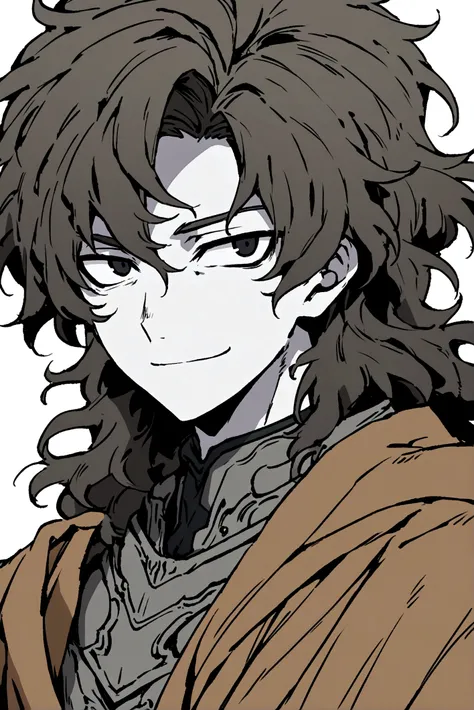 Anime drawing style of an effeminate boy with black semi-long fluffy hair with pale skin and black eyes wearing gray armor with brown cloth while having an innocent smile