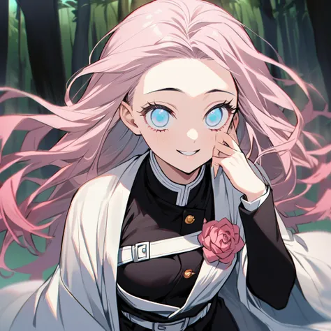 1. The fate of Kimetsu no Yaiba, long hair with bangs,light pink hair with light blue tips, light blue eyes, demon hunter uniform with a chest neckline,haori rosa, ssmile, tilted face, hand on face,gazing at viewer, background forest