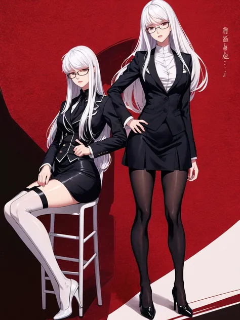 Domineering female president，Slim，White hair，长White hair，in office，full-body shot，Black pantyhose，High heel，wear glasses，Long Law，High target，Wearing a black suit，Short skirt