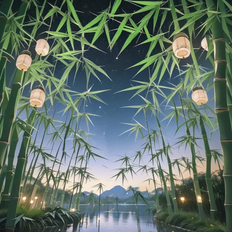 many origami pieces are hanging from the bamboo trees., quiet night. digital illustration, evening lantern, colorful lantern, gl...