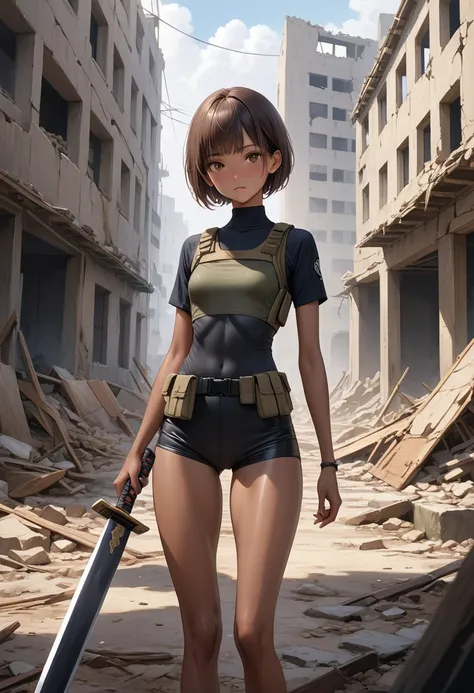 ((masterpiece,Highest quality:1.3,best quality illustration)),realistic,cowboy shot,1woman,20 year old Japanese beauty,Special Forces Female Soldier、((very small head:1.2)),brown short bob hair,bangs,brown eyes,gorgeous eyes,blush,small breasts,((very long...