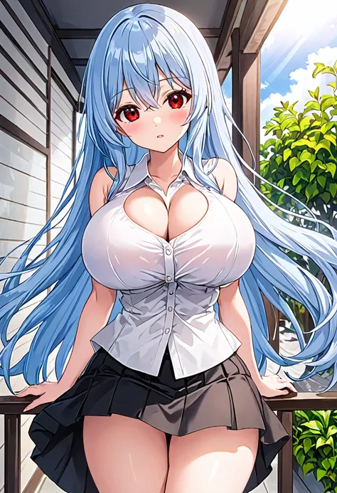 My name is Yukiko.I am a white test woman with long Sky blue hair,red eye color.I am 1.62 cm tall . My breasts measure 200 cm, my waist 40 cm and my hips 200 cm. Dressed in a low-cut white shirt and a short black skirt  . With big breasts 200 cm