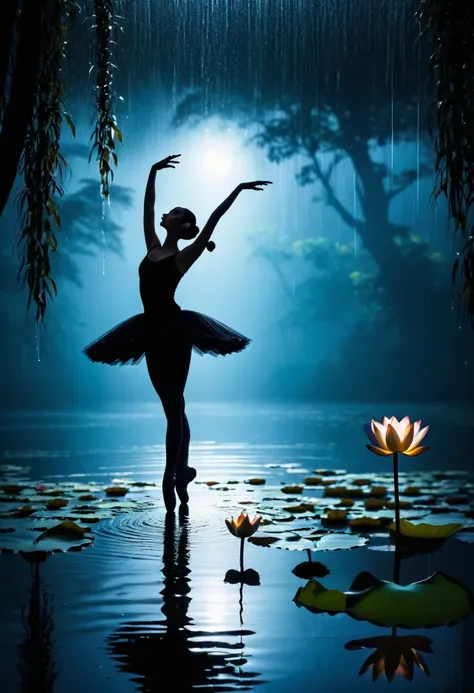 heavy rain，Girl shows black silhouette,Contrast with bright background,ballet silhouette,High contrast,Silhouette ballerina on the lake,lotus, lily pad，Shooting against the light，