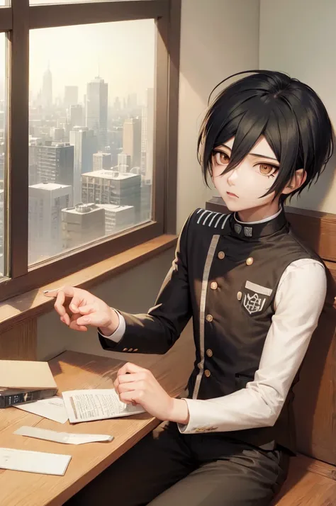 (masterpiece, best quality:1.2), male, solo, male focus, 1boy, saihara shuichi, expressionless, closed mouth, looking at viewer,...