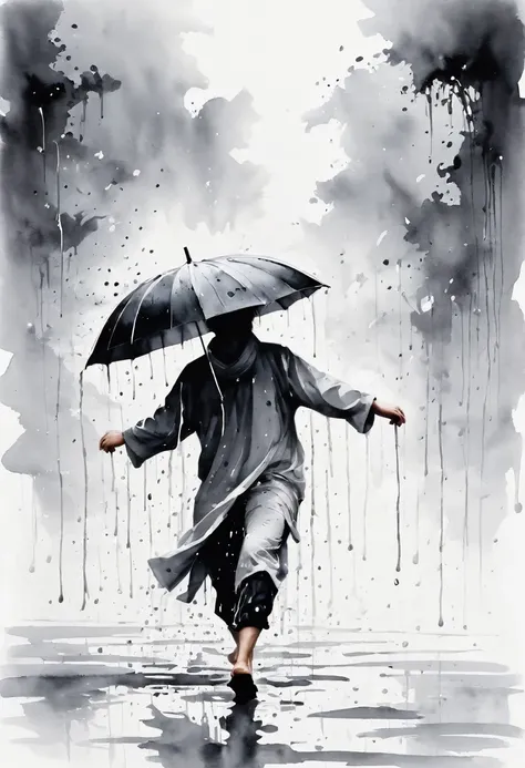 中国Ink Painting, Gray and White, Minimum,White background,The Trail, Minimalism,  Huge negative space, Ink Painting, Abstract，heavy rain，A person dancing in the rain