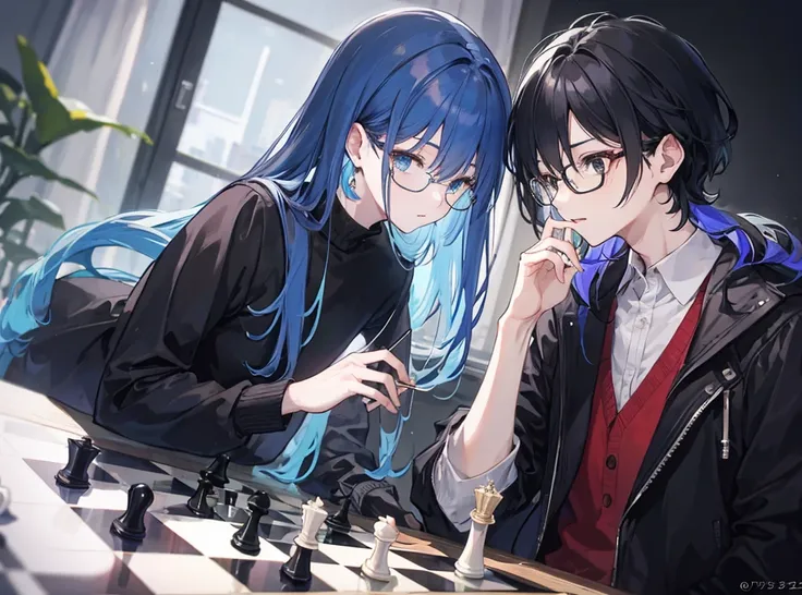 Two men（Androgynous male with long blue hair　Black-haired man wearing glasses）Chessboard,is doing(Facing each other), (Masterpiece Top quality) 　It&#39;s a fantastic place with a starry sky　The moon is visible and everyone seems to be having fun, but there...