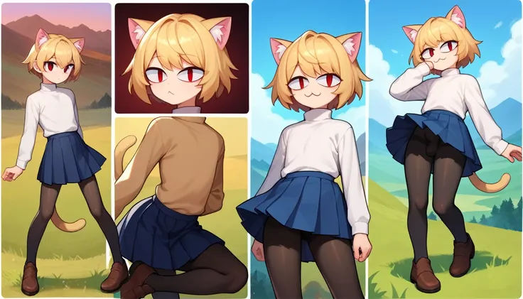 score_9, score_8_up, score_7_up, score_6_up, score_5_up, score_4_up, BREAK, 1boy, solo, necoarc, lit pupils, cat ears, blonde hair, red eyes, :3, turtleneck, blue skirt, pleated skirt, pantyhose, brown footwear, femboy, (dynamic poses), highlight thighs, l...