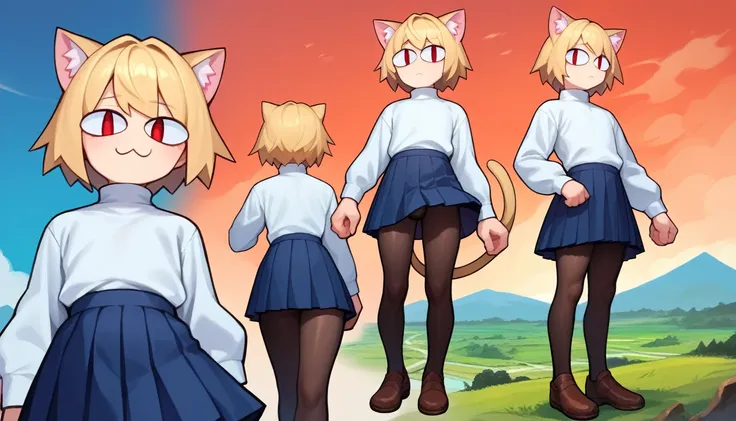 score_9, score_8_up, score_7_up, score_6_up, score_5_up, score_4_up, BREAK, 1boy, solo, necoarc, lit pupils, cat ears, blonde hair, red eyes, :3, turtleneck, blue skirt, pleated skirt, pantyhose, brown footwear, femboy, (dynamic poses), highlight thighs, l...