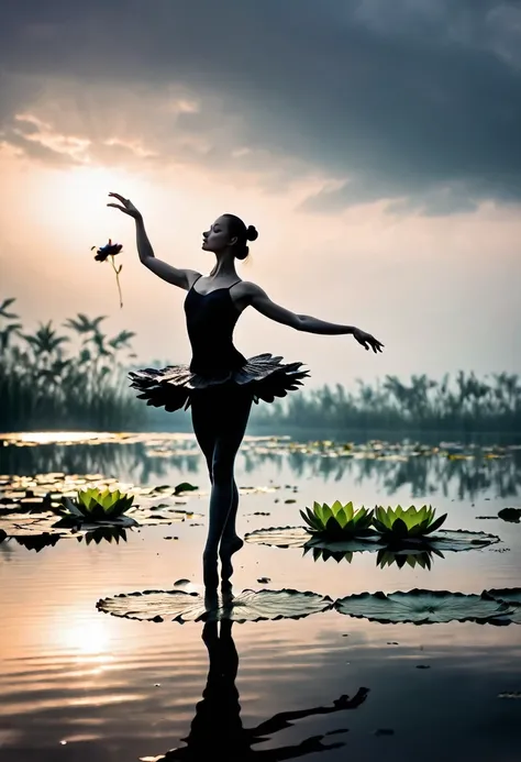 heavy rain，Girl shows black silhouette,Contrast with bright background,ballet silhouette,High contrast,Silhouette ballerina on the lake,lotus, lily pad，Shooting against the light，