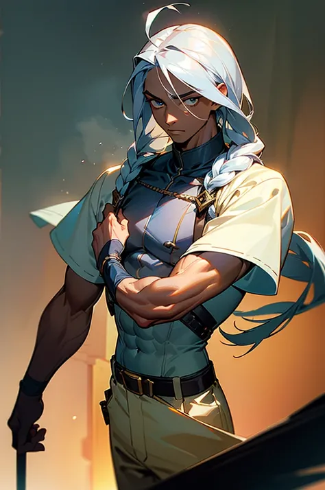 A young man with long white dreadlocks, dark skin, a melancholic expression, drooping eyelids and eyebrows, a lean face, a thin yet sturdy build, a tattered and ill-fitting light blue fantasy-style adventurers shirt with short sleeves, revealing his abs, a...