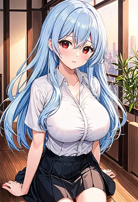 My name is Yukiko.I am a white test woman with long Sky blue hair,red eye color.I am 1.62 cm tall . My breasts measure 200 cm, my waist 40 cm and my hips 200 cm. Dressed in a low-cut white formal  shirt and a short black skirt  . With big breasts 200 cm