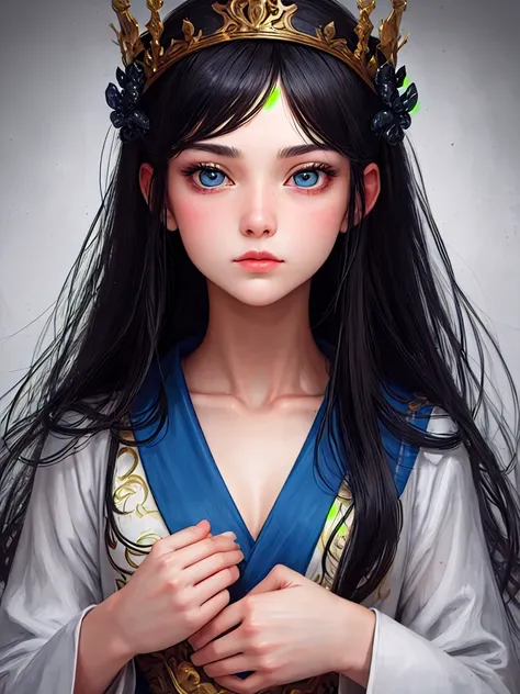 Blue robes, Bodhisattva crown, heterochromia, long black hair, girl