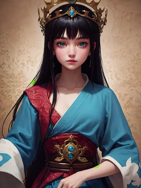 Blue robes, Bodhisattva crown, heterochromia, long black hair, girl