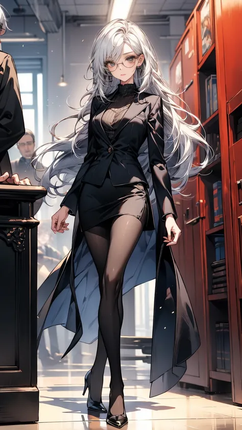 Domineering female president，Slim，White hair，长White hair，in office，full-body shot，Black pantyhose，High heel，wear glasses，Long Law，High target，Wearing a black suit，Short skirt