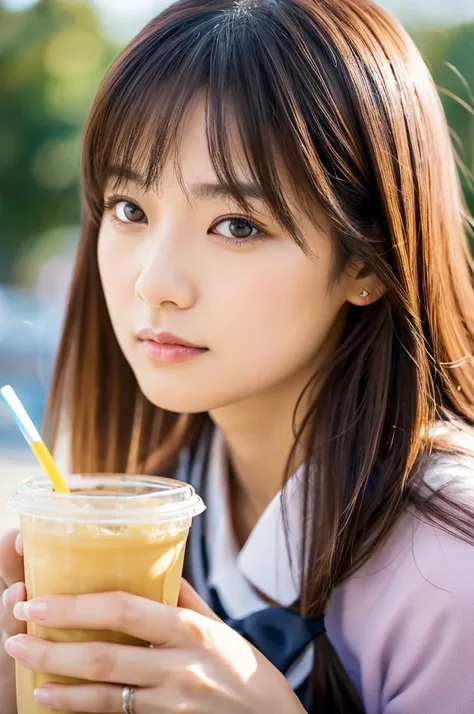 (top-quality,8K,​masterpiece),There is a woman holding a glass of coffee and a straw, Kimi Takemura, Yasumoto Oka, portrait of a japanese teen, harumi, closeup Iwakura Lain, shot with Nikon Z9, Ai Yazawa, shikamimi, chiho, with a straw, Seifuku, Kotegawa Y...