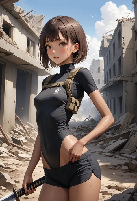 ((masterpiece,Highest quality:1.3,best quality illustration)),realistic,cowboy shot,1woman,25 year old Japanese beauty,Special Forces Female Soldier、((very small head:1.2)),brown short bob hair,bangs,brown eyes,gorgeous eyes,blush,small breasts,((very long...