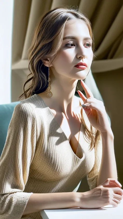 A high-quality, realistic 8K portrait of a beautiful woman around 30 years old with a sophisticated and sexy style. She is wearing an elegant, form-fitting summer knit outfit that accentuates her curves, with intricate details and a deep neckline. Her hair...