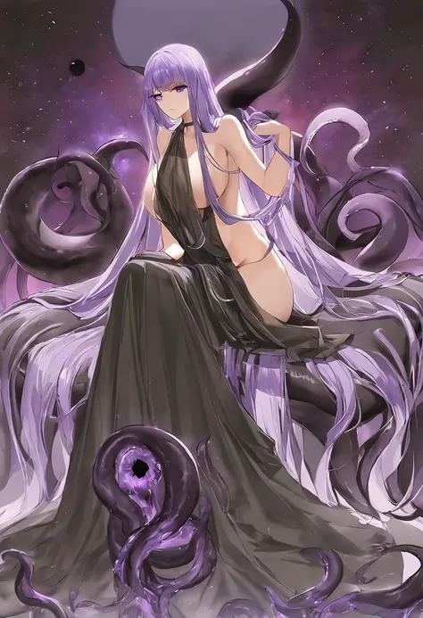 Athena，Extra long purple hair，Purple Eyes，Wearing black silk，Purple long skirt，Black long skirt，But the long skirt is very sexy and revealing，There is no decoration on the head，nude，sit down，The limbs are tied by tentacles，Inserted by tentacles，A black hol...