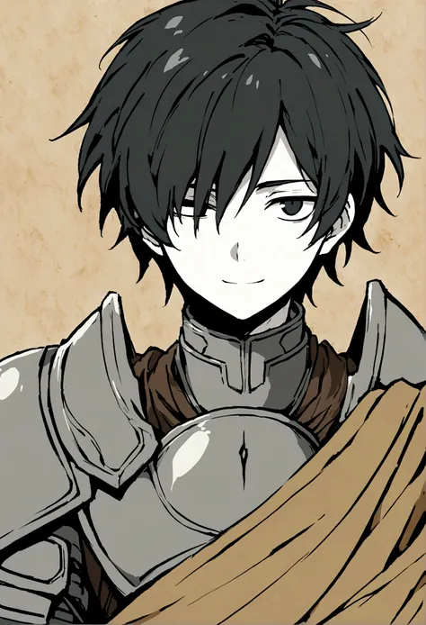 Anime drawing style of an effeminate boy with slightly long black hair with pale skin and black eyes wearing gray armor with brown cloth while having an innocent smile although he is missing one eye