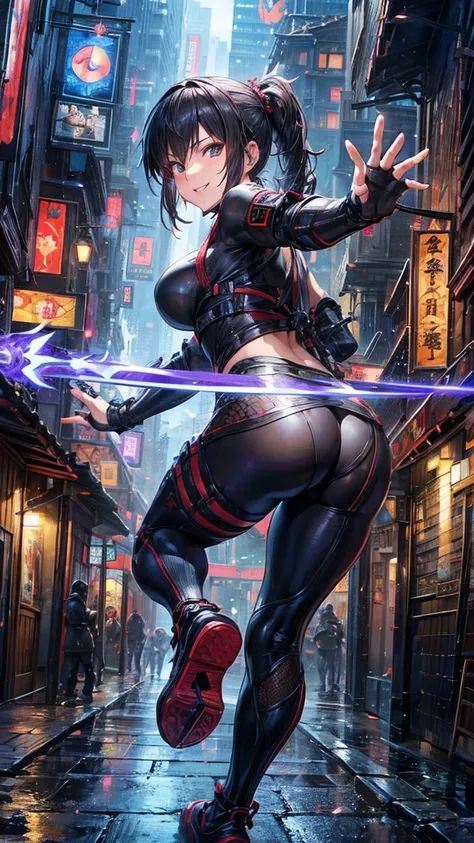 (1 mature female ninja,Age 35), ((Pub,guild)),(smile),Dynamic pose,Dynamic Angle,Pose for a photo,From below,Elderly woman、Trading Card Game Frames、Highest Rare、Five Fingers、Signature mark、Big Butt、Black Hair、Fighting Pose、Ninja costume、Full Body Suit、kuna...