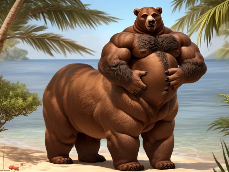 furry, fur taur, beartaur, middle-age, solo, detailed face, bear ears, bear eyes(brown), bear nose(black), bear mouth, garibaldi beard(grey), mature hair(grey), detailed arms, thick arms, muscular, thick hands(5 fingers), detailed body belly, thick body, m...